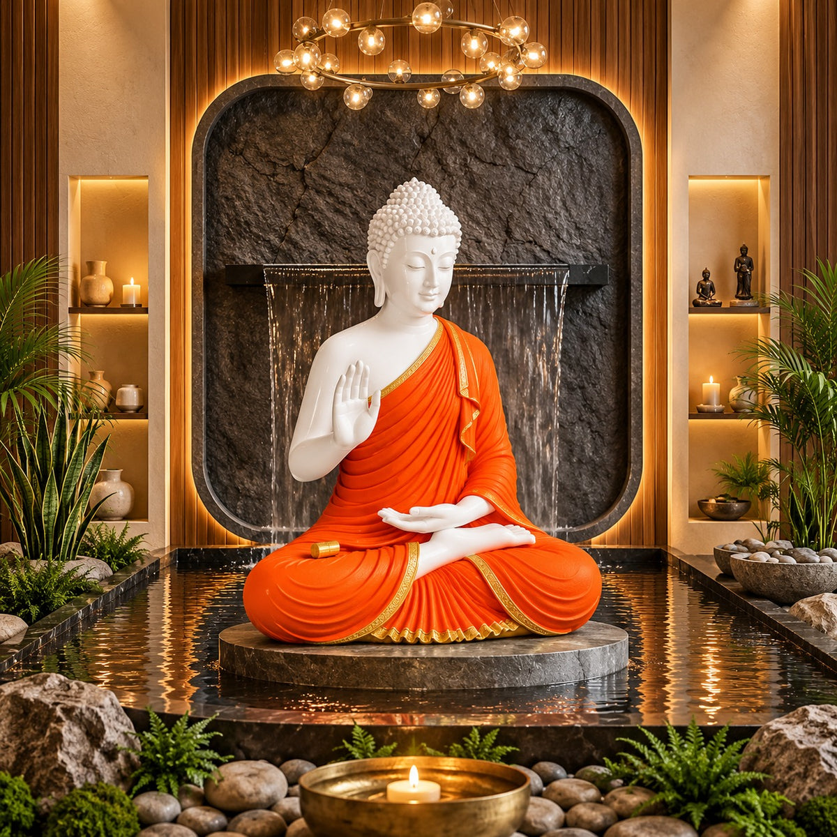 Premium White & Orange Buddha Statue for Home Decor | 2 Feet Tall Meditating Buddha Idol