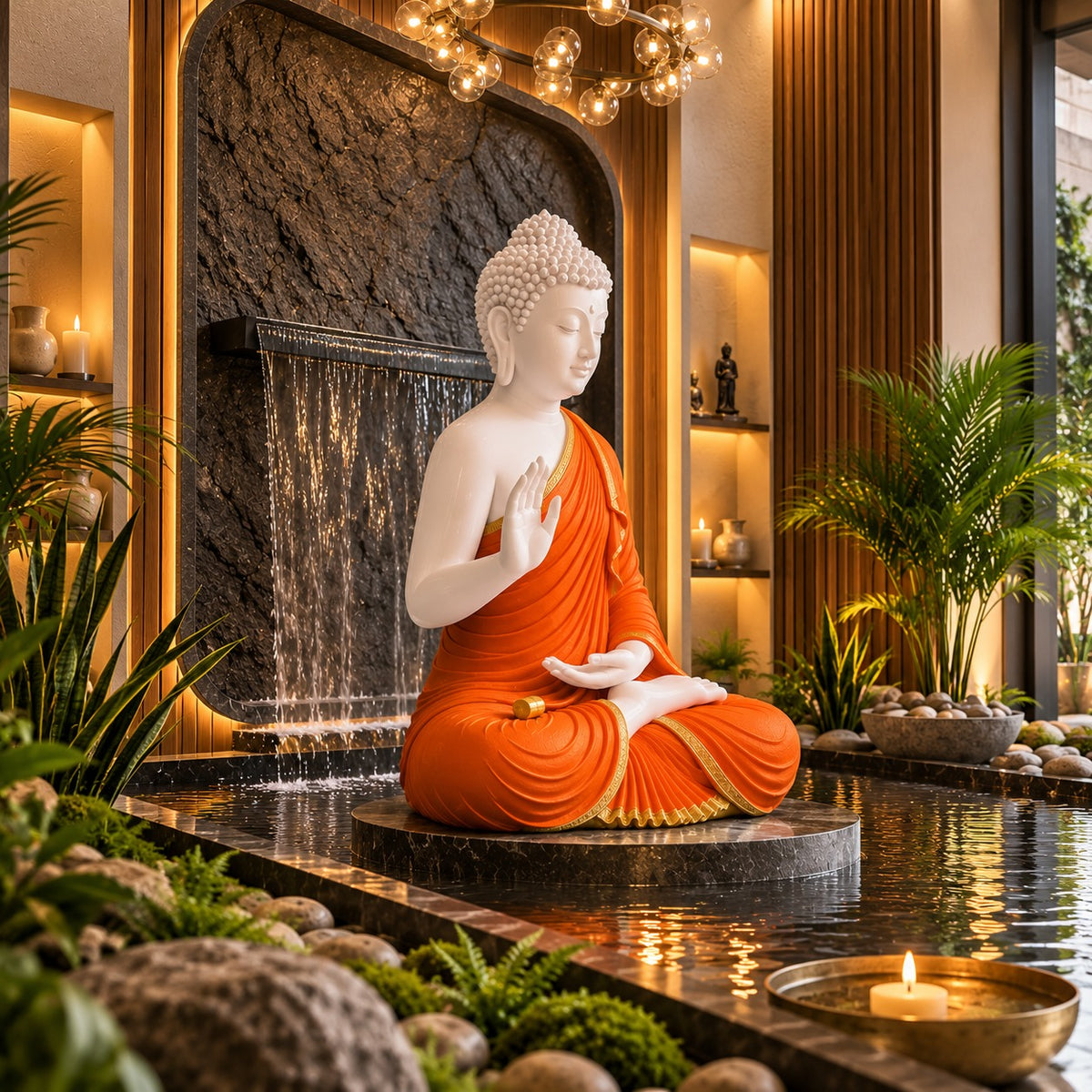 Premium White & Orange Buddha Statue for Home Decor | 2 Feet Tall Meditating Buddha Idol
