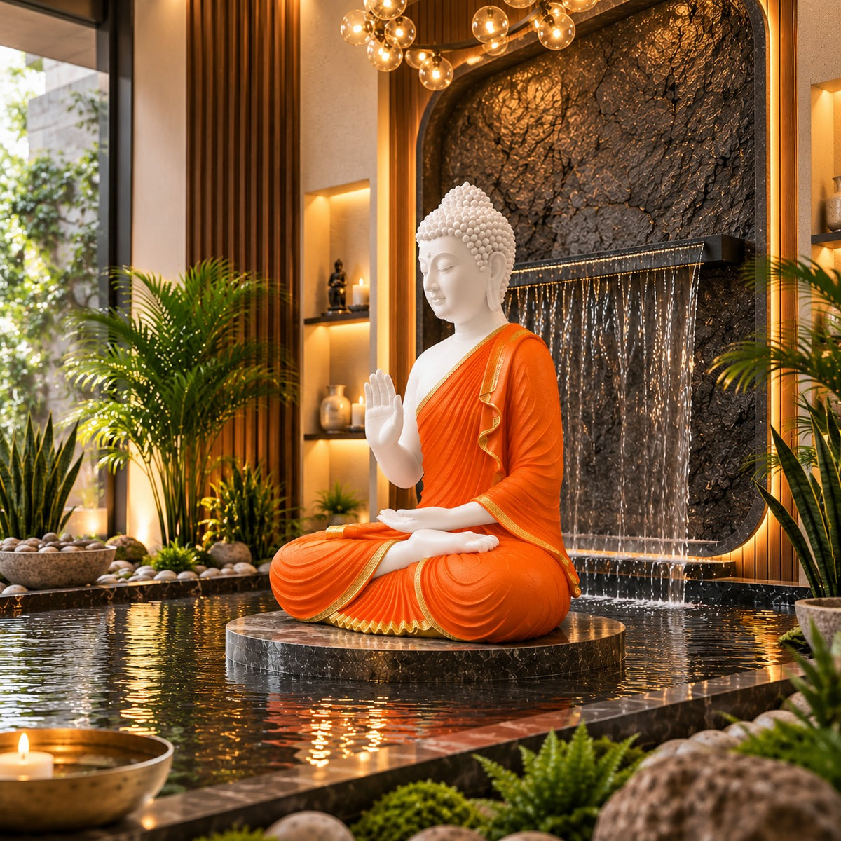 Premium White & Orange Buddha Statue for Home Decor | 2 Feet Tall Meditating Buddha Idol