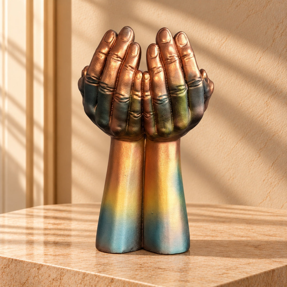 Metallic Dual-Tone Cupped Hands Decorative Figurine - 15-Inch Open Palms Sculpture for Home Decor, Living Room, and Office Tabletop
