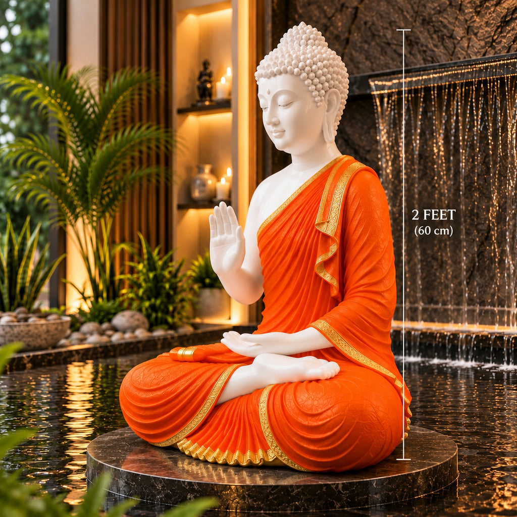 Premium White & Orange Buddha Statue for Home Decor | 2 Feet Tall Meditating Buddha Idol