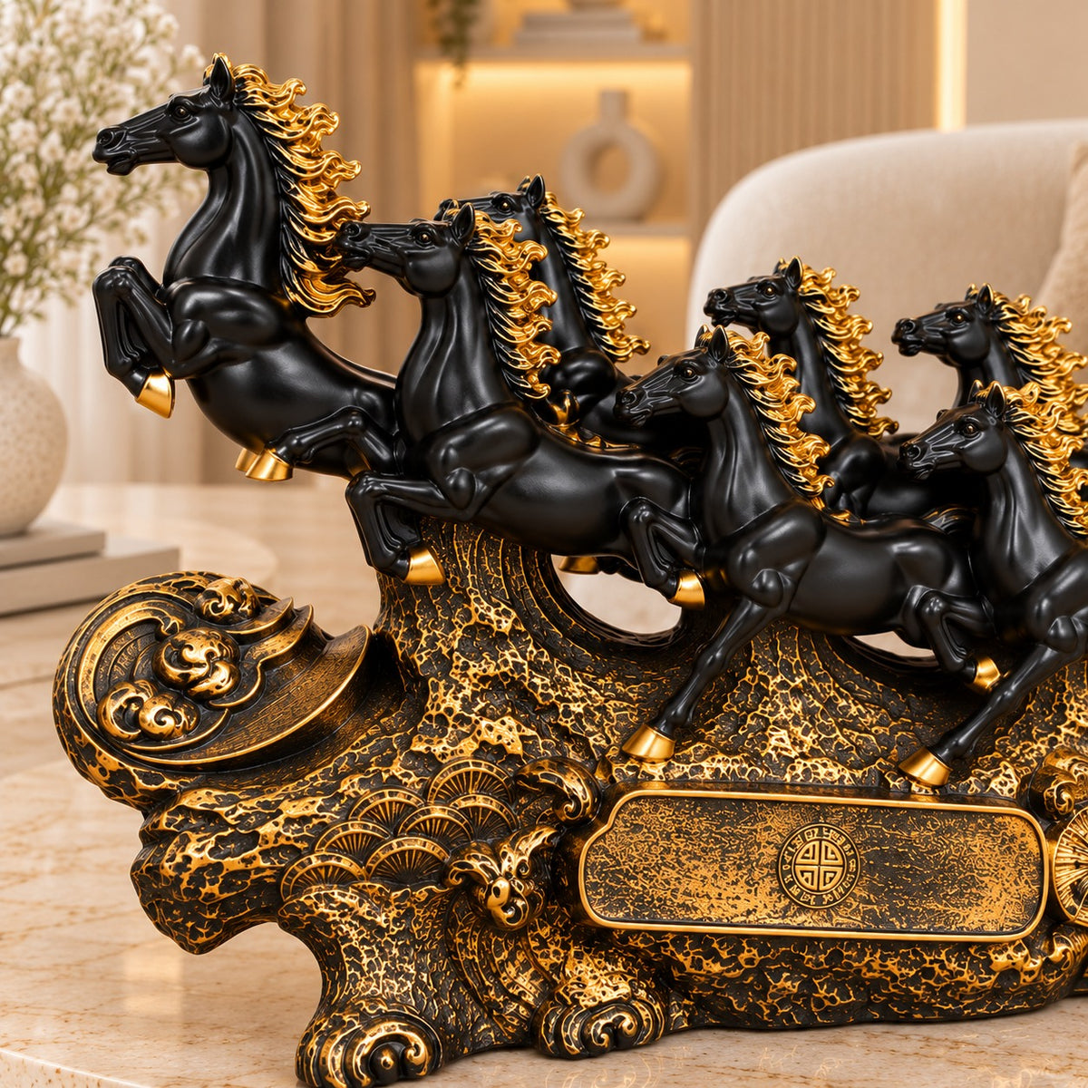 7 Running Horses Vastu Statue - 40-Inch White & Gold Galloping Horse Figurine for Home Decor, Living Room, Office Desk & Good Luck