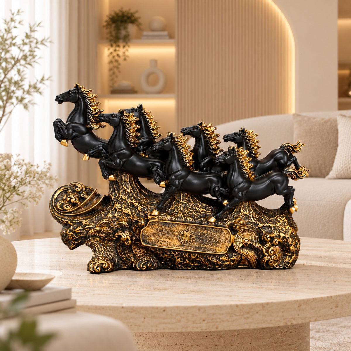 7 Running Horses Vastu Statue - 40-Inch White & Gold Galloping Horse Figurine for Home Decor, Living Room, Office Desk & Good Luck