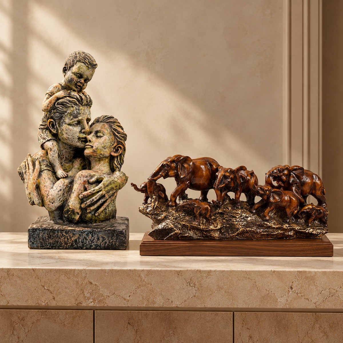 Rustic Handcrafted Family & Elephant Sculpture Duo Pack Of 2