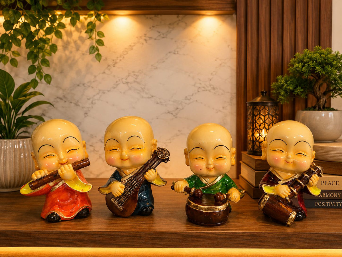 Four Musical Monk Figurines Set, Resin Multicolor