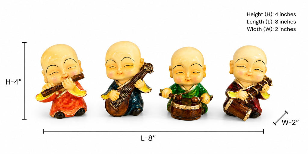 Four Musical Monk Figurines Set, Resin Multicolor