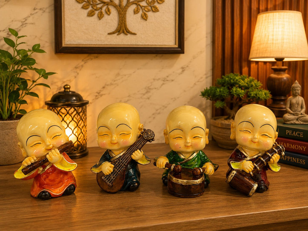 Four Musical Monk Figurines Set, Resin Multicolor