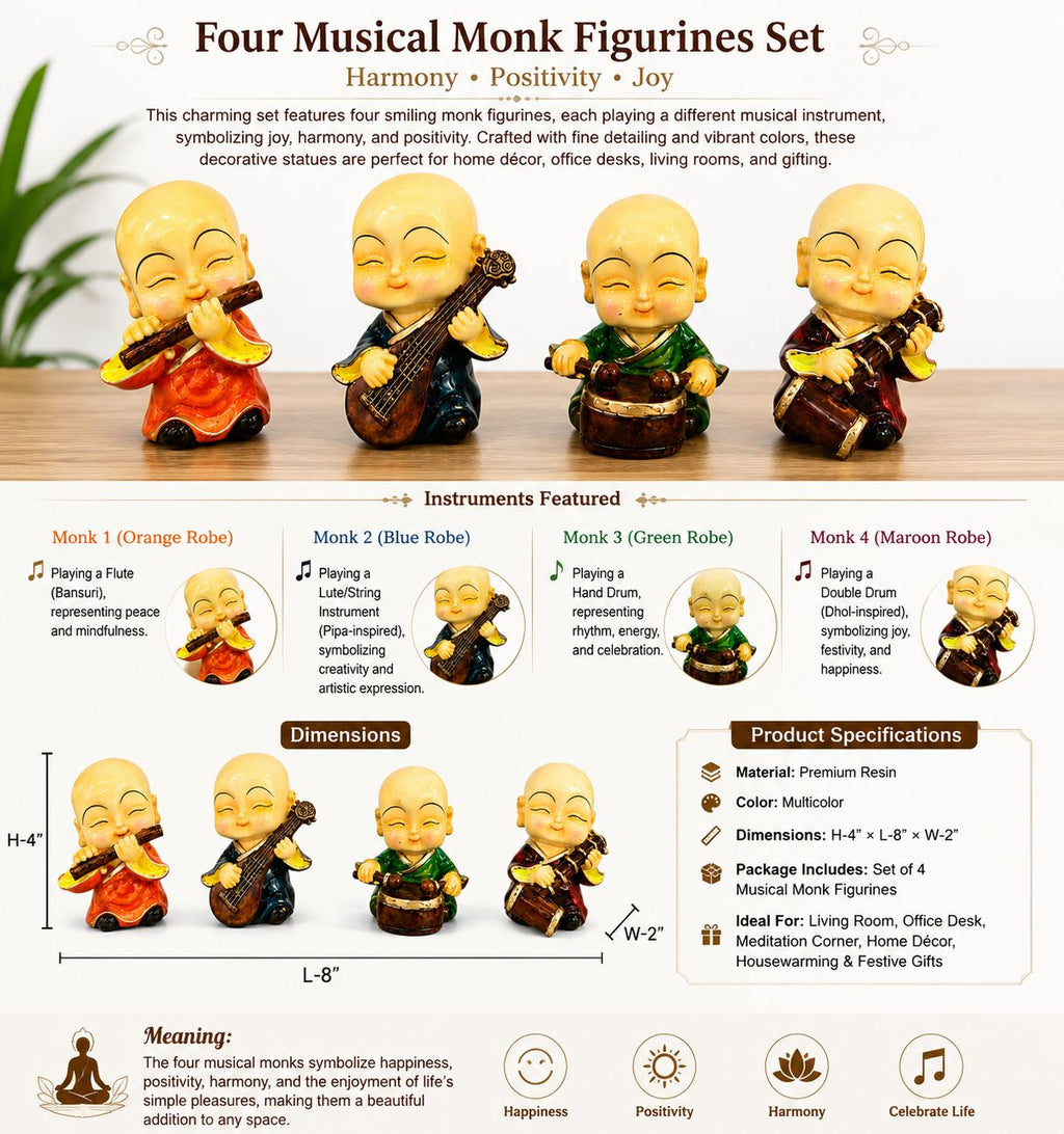 Four Musical Monk Figurines Set, Resin Multicolor