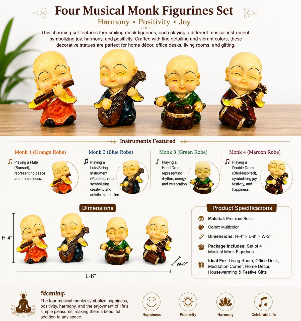Four Musical Monk Figurines Set, Resin Multicolor