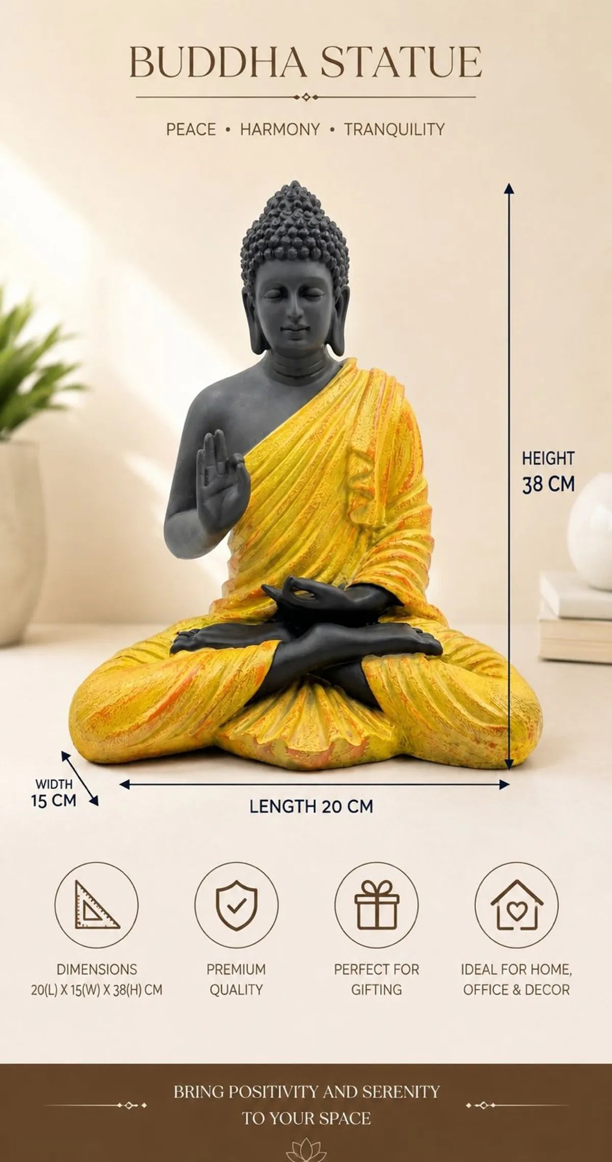 Resin Spiritual Meditating Buddha Lotus Pose Yellow And Black Decorative Figurine
