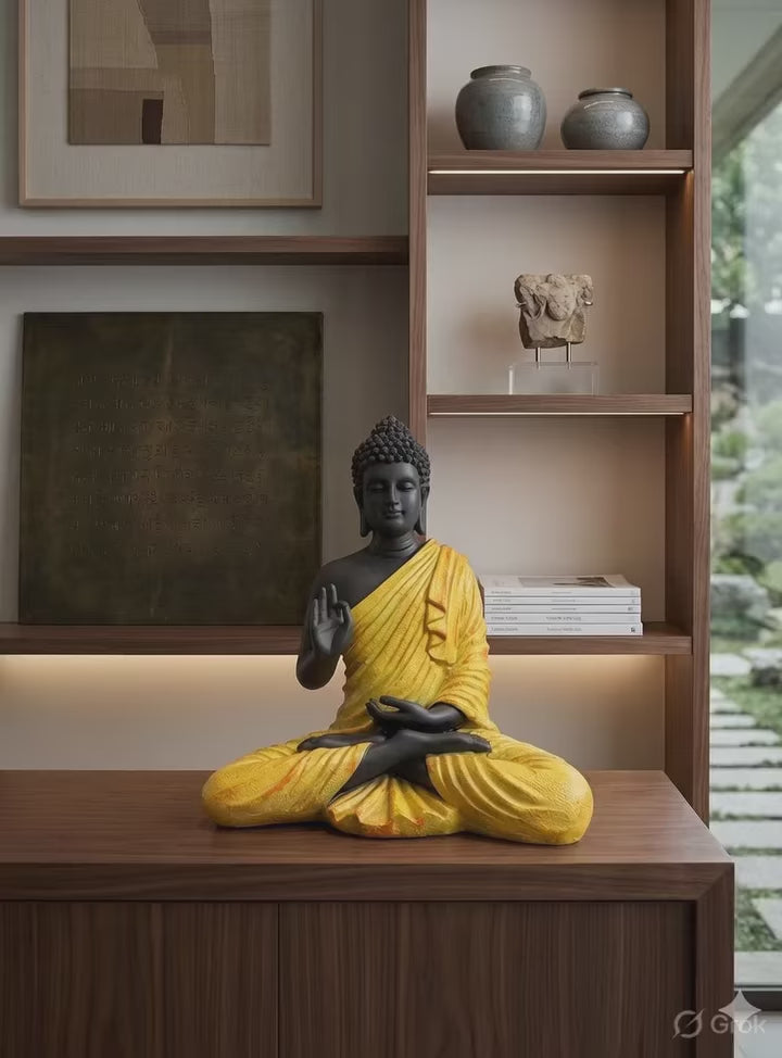 Resin Spiritual Meditating Buddha Lotus Pose Yellow And Black Decorative Figurine