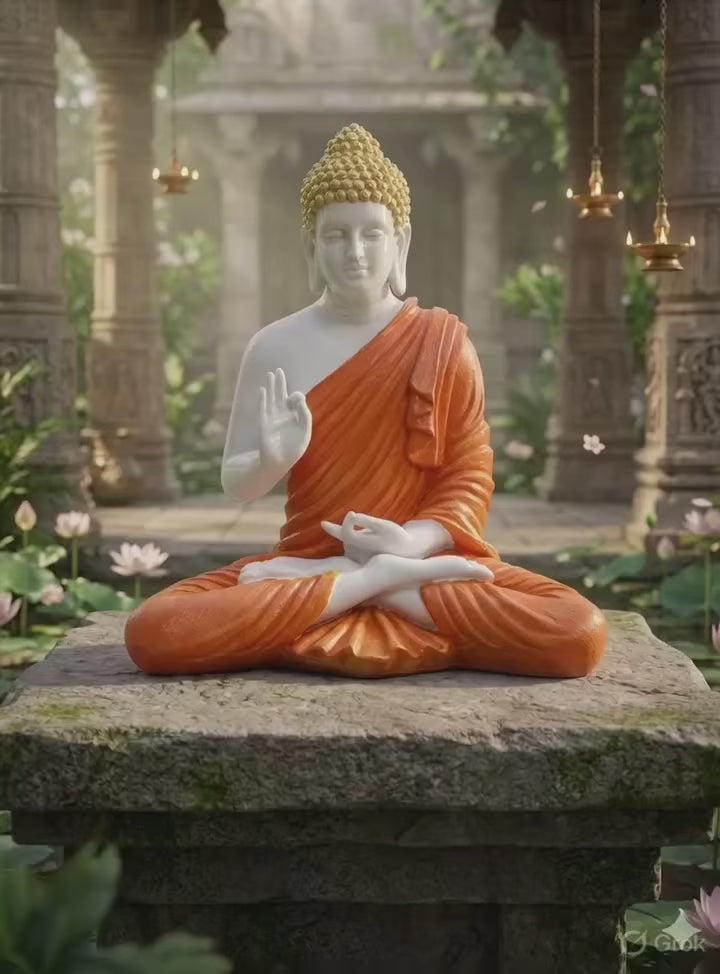 Resin Spiritual Meditating Buddha Lotus Pose Orange And White Decorative Figurine